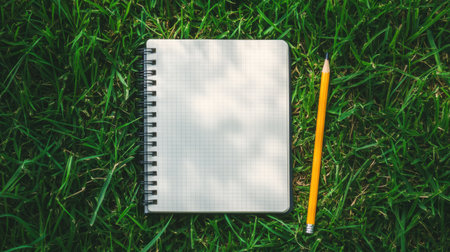 Notebook and pencil on green grass background. Top view with copy spaceの素材