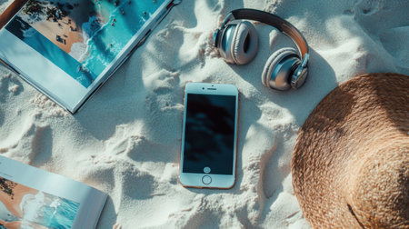 top view of smartphone with headphones and book on sandy beach, travel conceptの素材