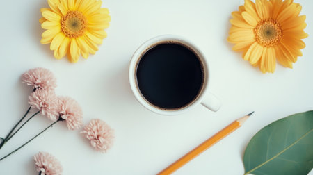 Cup of coffee and flowers on white background, top view.の素材
