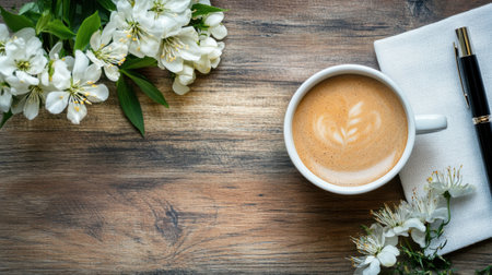Coffee cup and spring flowers on wooden background. Top viewの素材