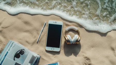 Top view of headphones, smartphone and stationery on sand at beachの素材