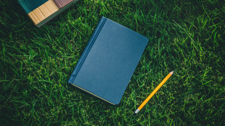 Top view of book and pencil on green grass background with copy spaceの素材