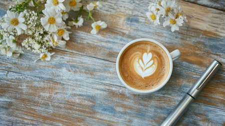 Coffee cup with heart shape latte art on wooden backgroundの素材