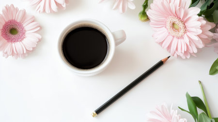 Cup of coffee and flowers on white background. Flat lay, top viewの素材