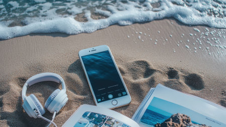 Smartphone with earphones on the sand beach with sea background.の素材