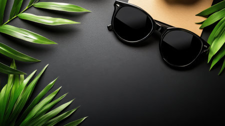 Flat lay of sunglasses on black background with tropical leaves and copy spaceの素材