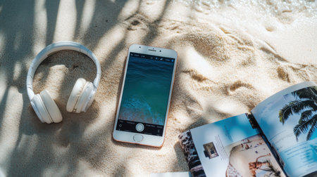 Mobile phone with headphones on the sand and book on the beach.の素材
