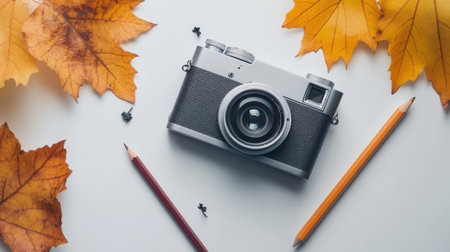Top view of retro camera, pencils and autumn leaves on white backgroundの素材