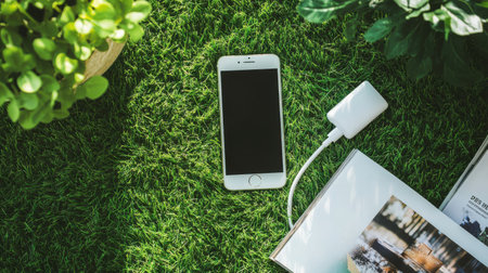 Smartphone charging with power bank on green grass background, top viewの素材