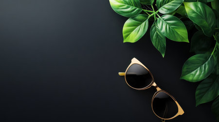 Stylish sunglasses and green leaves on black background, flat lay. Space for textの素材