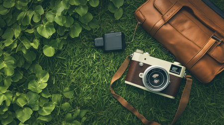 Retro camera and leather bag on green grass background, top viewの素材