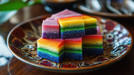 Rainbow cake in a plate on a wooden table. Selective focusの素材