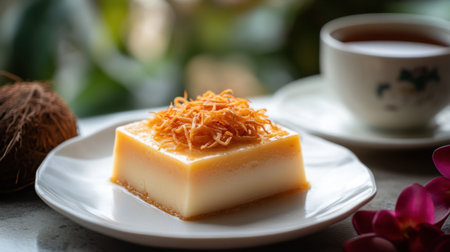 Pudding with coconut and cup of tea on the table, selective focusの素材