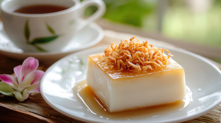 Panna cotta with caramel sauce on a wooden table, selective focusの素材