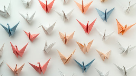 Paper origami cranes on a white background. Minimal styleの素材