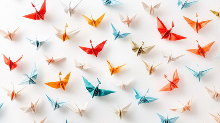 Colorful origami cranes on white background. Flat lay, top viewの素材