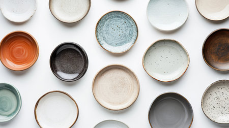 top view of ceramic plates and bowls on white background, flat layの素材