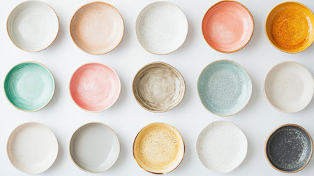 Top view of colorful ceramic tableware on white background, flat layの素材