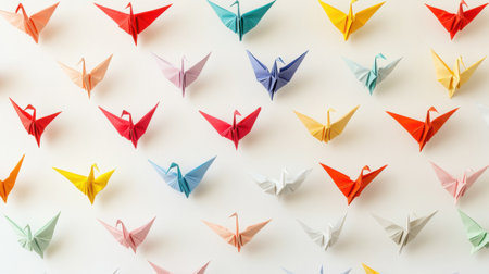 Colorful origami cranes on white background. Top view, flat layの素材
