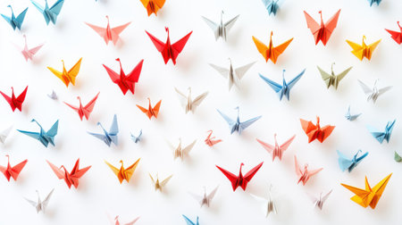 Colorful origami cranes on white background. Top view.の素材