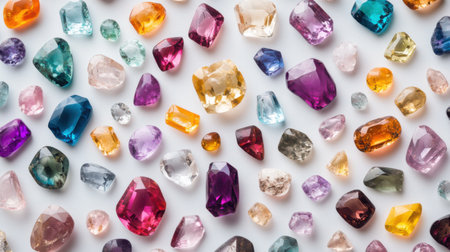 Colorful gems on white background. Flat lay, top view.の素材