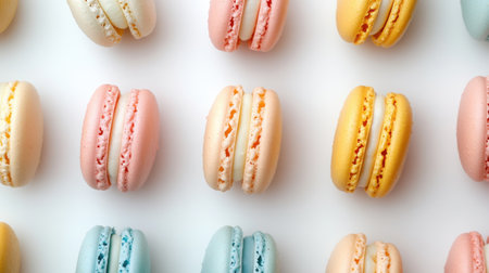 Colorful macaroons on white background, top view. Flat layの素材