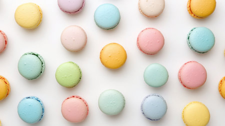 Colorful macaroon cookies on white background. Top view.の素材
