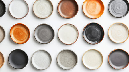 Ceramic bowls on white background, top view. Mockup for designの素材