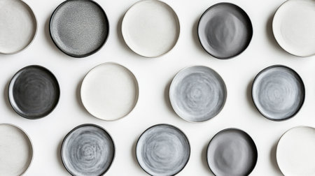 Ceramic plates on white background. Flat lay, top view.の素材
