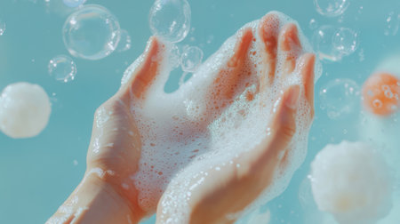 Hand washing with soap and foam. Close-up of human hands.の素材