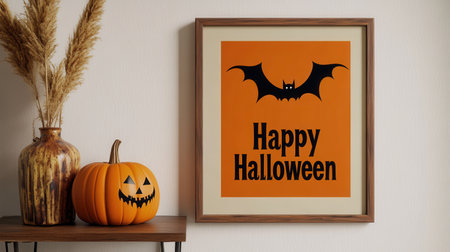 Halloween concept with pumpkin and bats on wooden shelf in living roomの素材