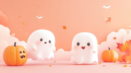 Halloween ghost and pumpkins background. 3D rendering illustration.の素材