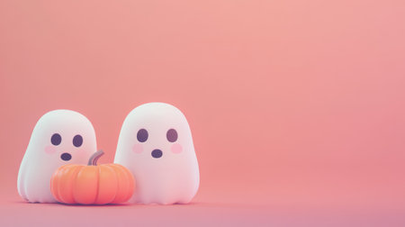 Halloween ghost and pumpkin on pink background with copy space for textの素材