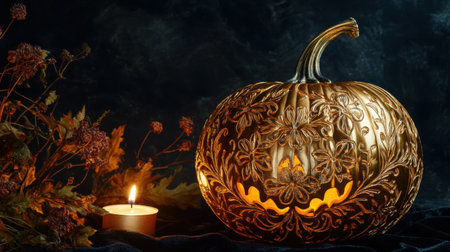 Halloween pumpkins with candles and autumn leaves on dark background.の素材