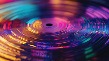 close up of a compact disc with colorful lights in the background.の素材