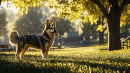 Dog breed Alaskan Malamute stands on the grass in the park.の素材