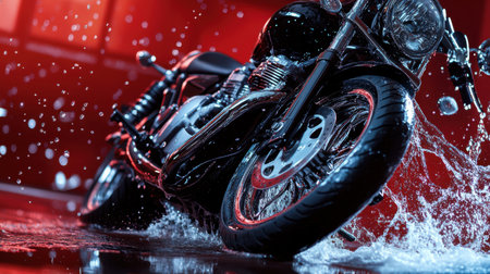 Close-up of a black motorcycle on a red background. Splashes of water.の素材