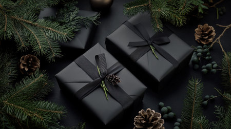 Black gift boxes with black ribbon and fir tree branches on black backgroundの素材