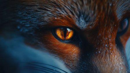 Close up of a red fox with orange eyes. Selective focus.の素材
