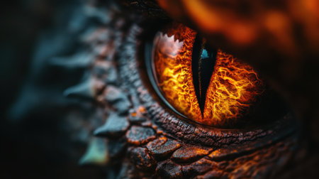 Close-up of the eye of a monster with a bright flame.の素材