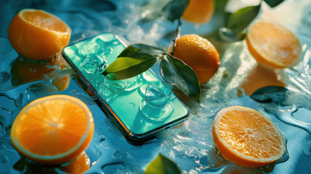 cellphone with ice cubes and tangerines on a blue backgroundの素材