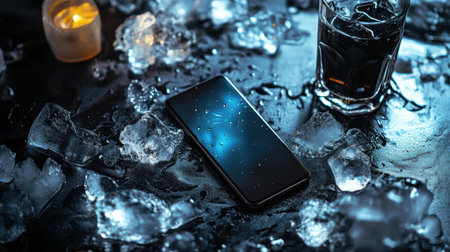 Alcoholic drink with ice cubes and smartphone on black background.の素材