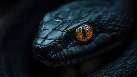 Close-up of the head of a black rat snake with a dark backgroundの素材