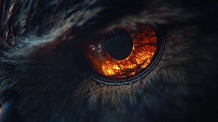 Macro shot of an owl's eye with a dark background.の素材