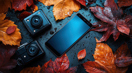Autumn background with smartphone, camera and leaves. Top view.の素材