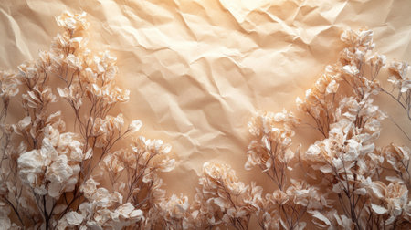 White dried flowers on crumpled paper background with copy space.の素材