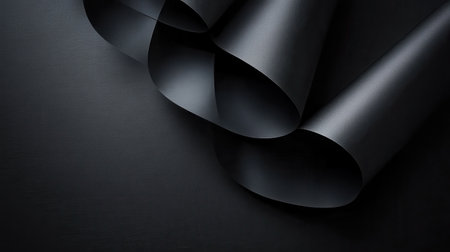 Black satin ribbon on black background, top view. Space for textの素材