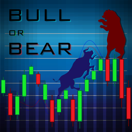 red bear and blue bull interface on trending candlesticks above blue shading tone backgroundのイラスト素材