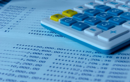 book bank statement money on table and calculator.