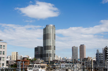 Building in Tokyo, Japan. Beautiful blue sky.